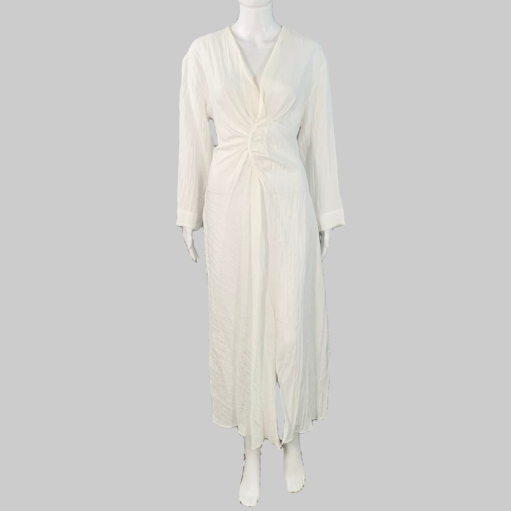 SANDRO Size S White Acetate Blend Wrinkled Ruched Long Sleeve V-Neck Dress